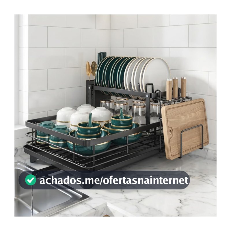 Escorredor de Louças 2 Andares Aço com Revestimento Inoxidavel com Porta Talher, Porta Tabua, Suporte Para Copos, Bandeja e Drenagem Automatica 360°, Preto - Hiper Casa Megastore