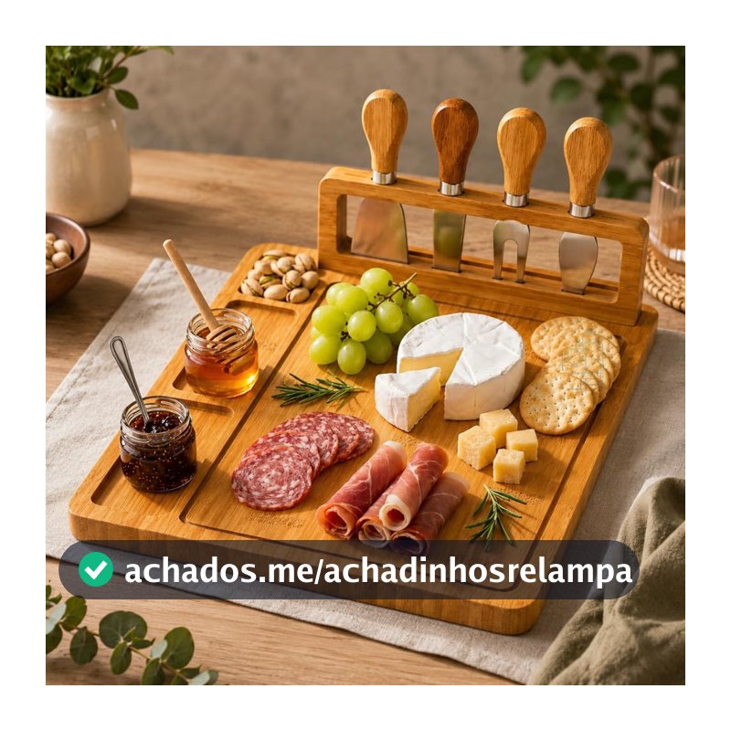 Tábua de Frios Bambu 39x29cm Petisqueira com 4 Facas e Suporte Gourmet