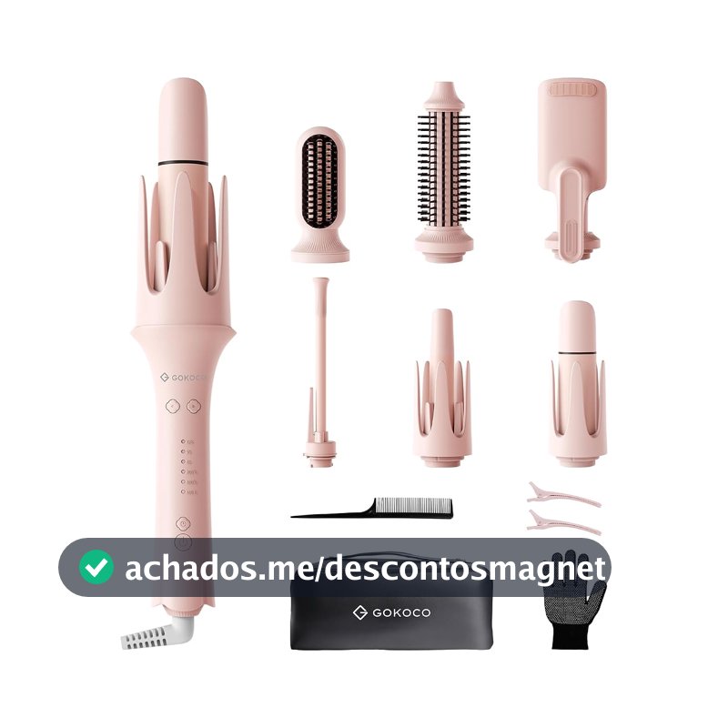 GOKOCO Prancha elétrica alisadora e modeladora de cachos 7 em 1,GD047 Escova Alisadora e Modeladora com Íons Negativos,Kit com 7 Acessórios, Aquecimento Rápido PTC,Temperatura Ajustável, Modelador de Cabelo Profissional,Rosa