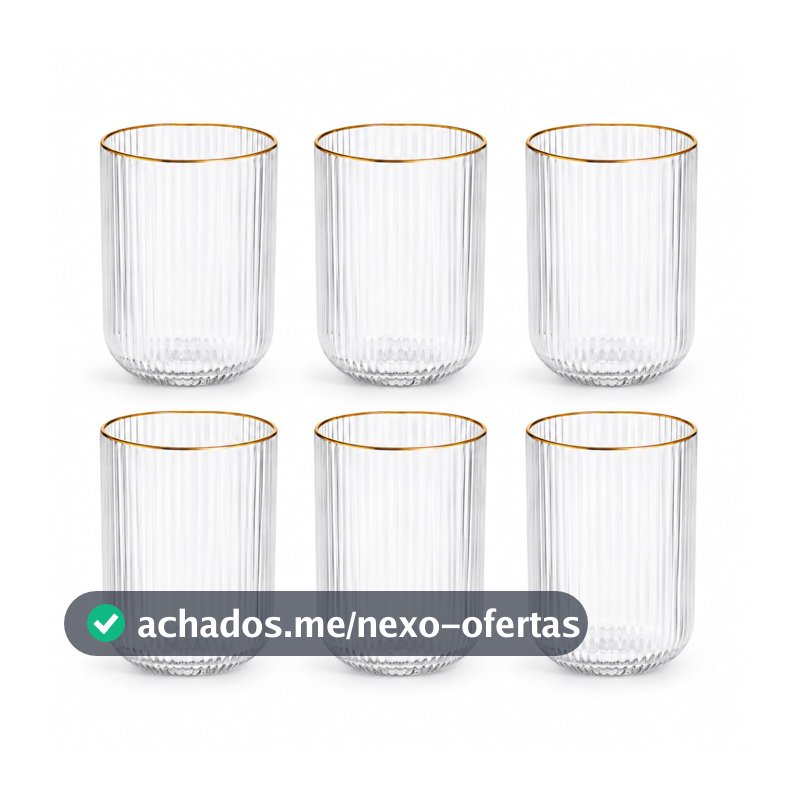 Kit 6 Copos De Vidro Canelado Com Borda Dourada 420ml Elegantes Resistentes Fio De Ouro Premium Versáteis Ideal Para Servir Água Sucos Drinks Mesa Posta Convidados