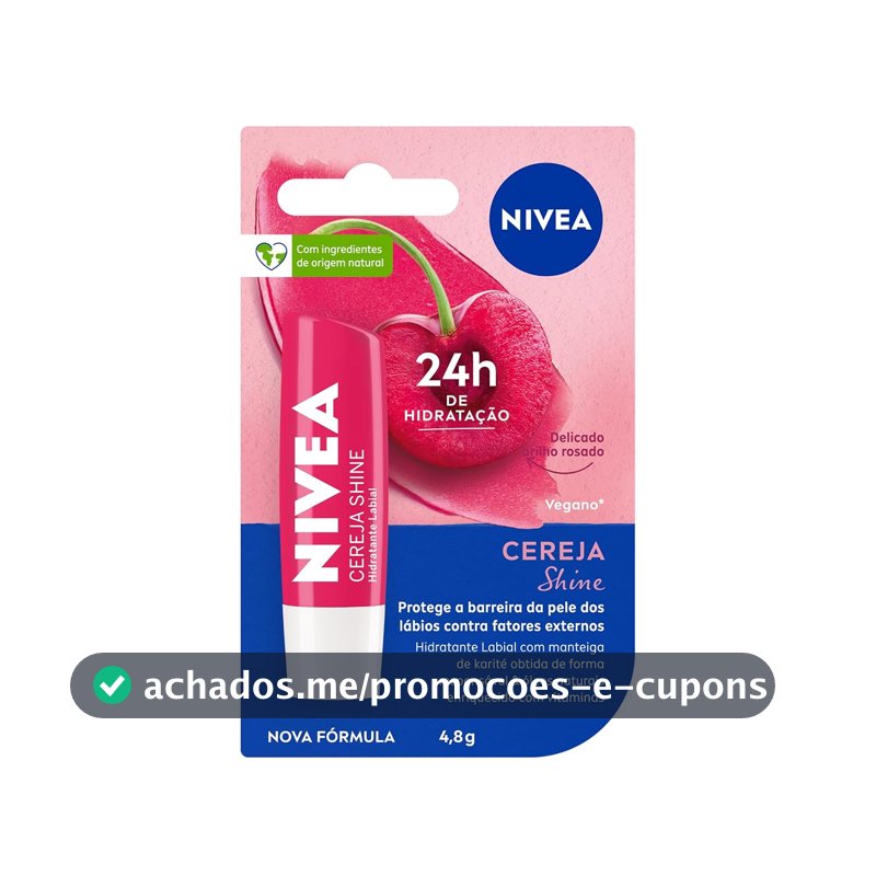 NIVEA Hidratante Labial Cereja Shine 4,8g, Hidratação Intensa 24h, Cor Suave, Brilho Delicado, Cuidado Diário, Manteiga de Karité
