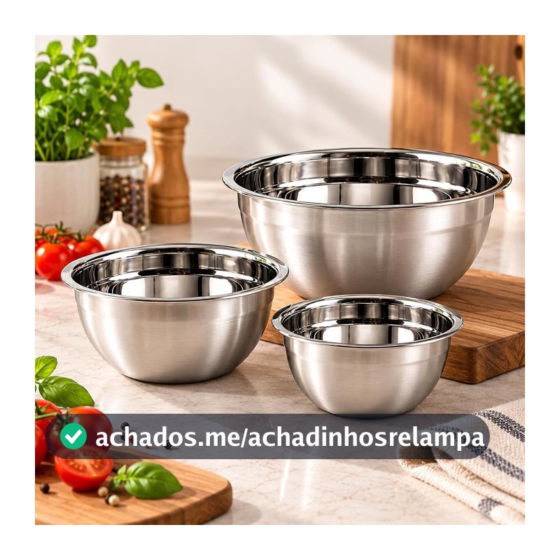 Kit 3 Tigelas Bowl em Aço Inox Premium Empilháveis Multiuso para Cozinha