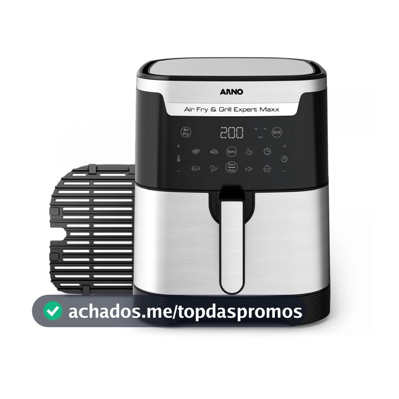 Fritadeira sem Óleo e Grill Arno Airfry & Grill Expert Maxx Digital 6,5L AFD6, 1680W, Inox e Preta, 8 Programas, Divisória e Função SYNC, 2 em 1 para Fritar e Grelhar, 110V