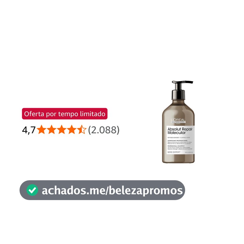 L’Oréal Professionnel Shampoo Absolut Repair Molecular, Repara Danos e Restaura Todos os Tipos de Cabelos Danificados, Sem Sulfato, SERIE EXPERT, 500ml