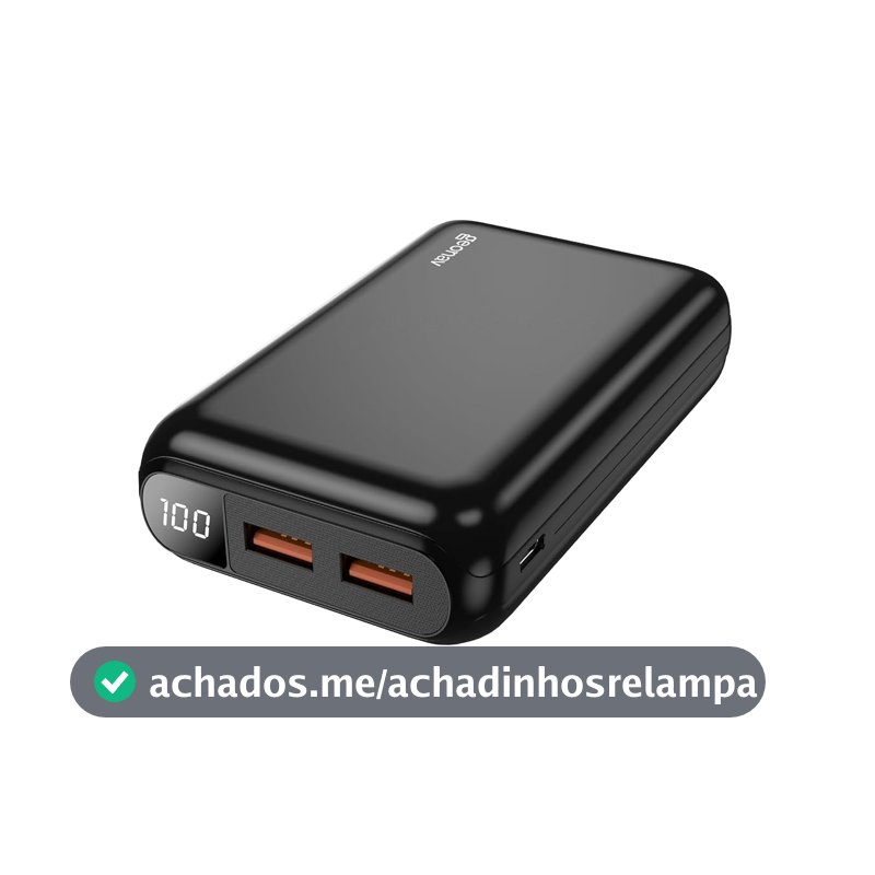 Geonav Power Bank Ultra Compacto com carregamento Rápido 1 porta USB-C (entrada/saída) de 20W de potência, 2 portas USB-A (Saída) de 18W de potência, PB20K20WBK Preto