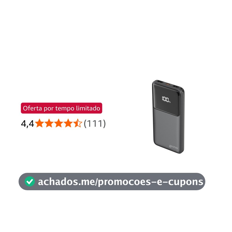 Geonav Power Bank, Carregador Portátil Universal 10.000mAh, Carga rápida, 2 saídas USB-A (até 18W quick charge) e 1 USB-C (até 20W Power Delivery), Led Indicador de Bateria, PB10K20W1PBK, Preto
