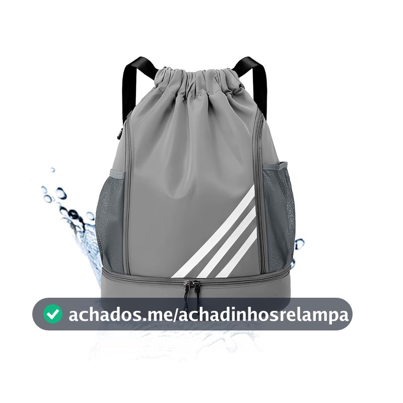 Mochila Esportiva com Cordão, Separação seca e húmida, Mochila de grande capacidade para viagens de lazer, Bolsos Laterais em Malha, Preto com Listras