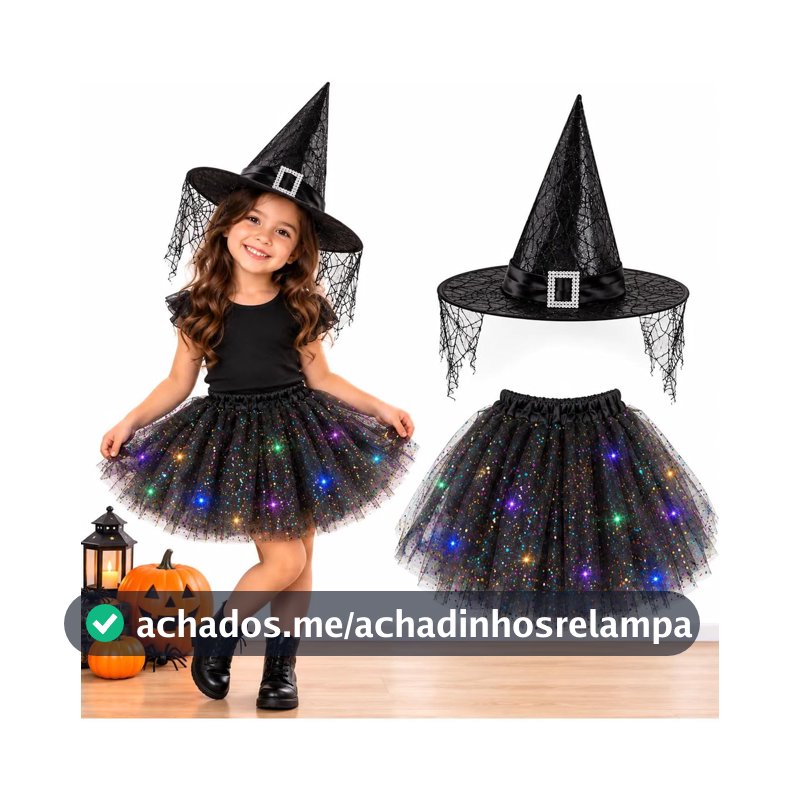 Fantasia Halloween Infantil com Saia e Chapéu de Bruxa com LED