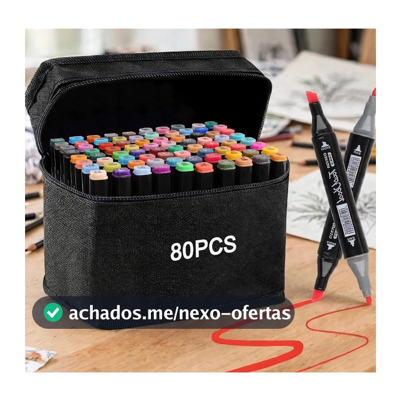 Kit de 80 Canetas Marcador Permanente Ponta Dupla Coloridas para Desenho Profissional Escolar Infantil com Estojo Organizador Base Artista Canetinhas Hidrográficas Alcool Caneta para Colorir