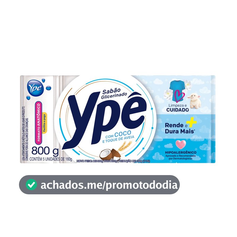 Ypê Sabão em Barra Glicerinado Coco e Toque de Aveia 800g - 5 Unidades de 160g