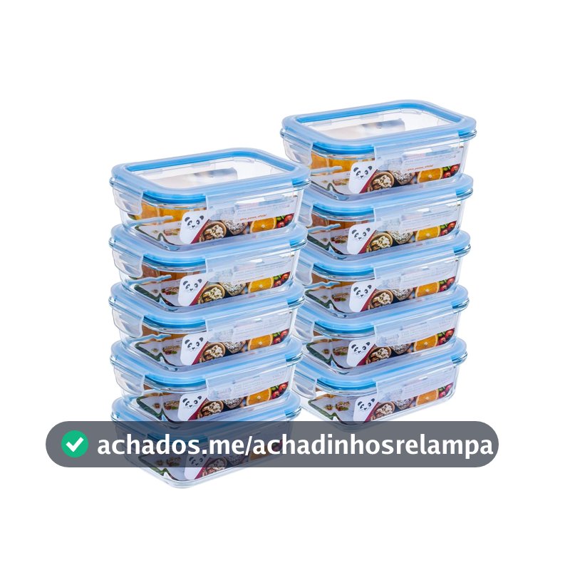 Kit com 10 Potes de Vidro Gato Panda, 370 ml, Retangular, com Tampa Hermética, Azul
