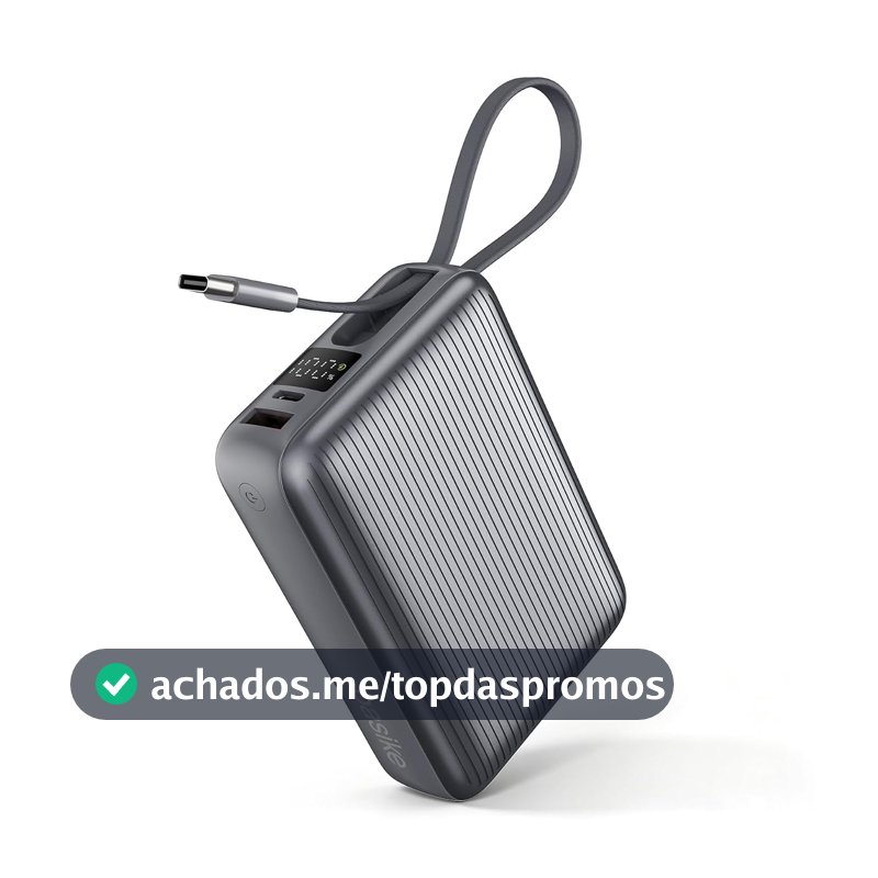 Basike Power Bank 20000mAh 45W, Cabo USB-C Integrado, Compacto, Cinza
