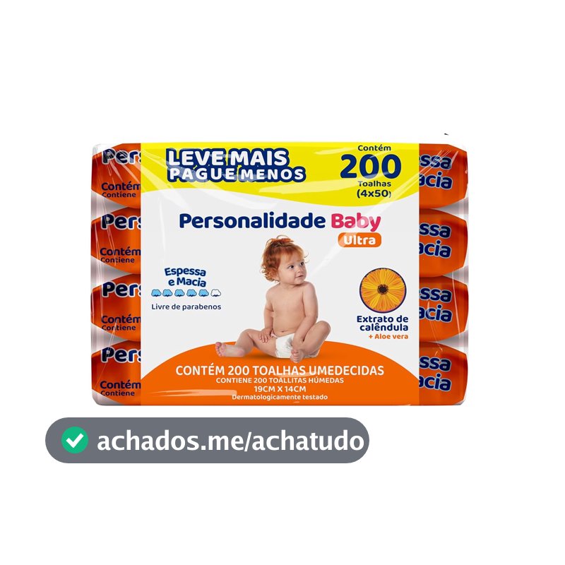Toalha Umedecida Personalidade Baby Ultra Extrato de Calêndula e Aloe Vera 200 unidades 19cm X 14cm