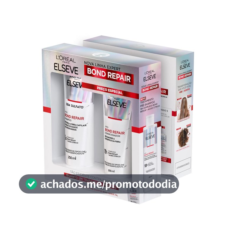 L'Oréal Paris Elseve Bond Repair Kit Reparação Molecular com Ácido Cítrico para Cabelos Danificados, Reconstrói Ligações e Devolve Força (Shampoo + Condicionador + Sachê Pré-Shampoo)