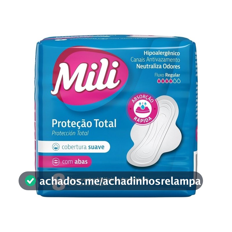 Mili Absorvente Externo com Abas Cobertura Suave, Fluxo Regular, 8 Unidades