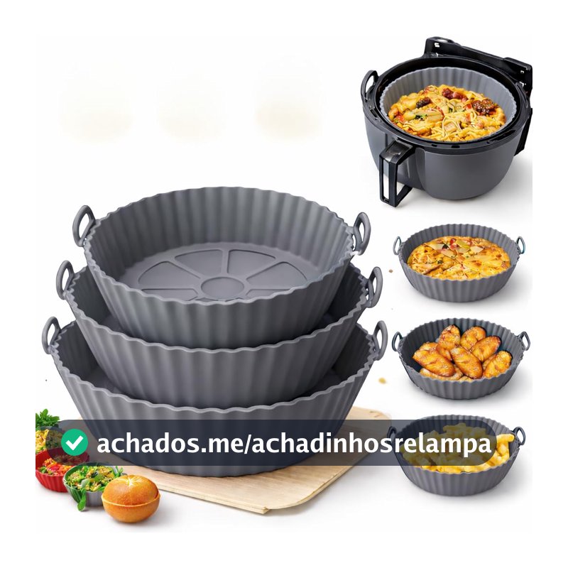 Kit com 6 Formas de Silicone Reutilizáveis para Air Fryer e Forno, Silicone Reciclável Antiaderente, Resistente a Alta Temperatura, Fácil de Lavar e Guardar (Cinza)