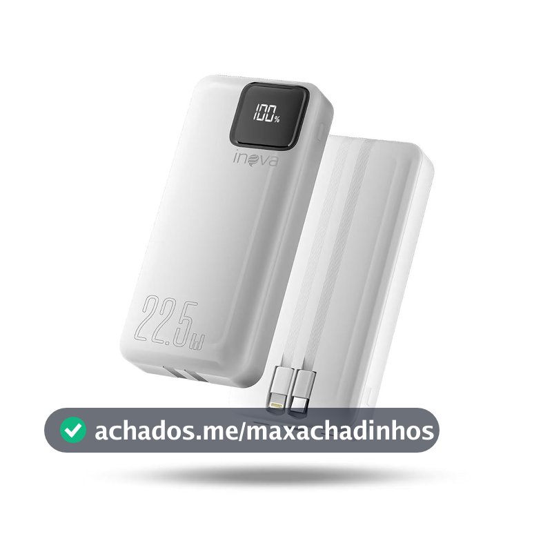 Power Bank com cabo integrado, Carregador Portátil de 20000mAh com Carga Rápida, Múltiplas Portas, Design Leve e Proteção Inteligente para Dispositivos iOS e Android/USB/Type-C/Branco(MD-12412)
