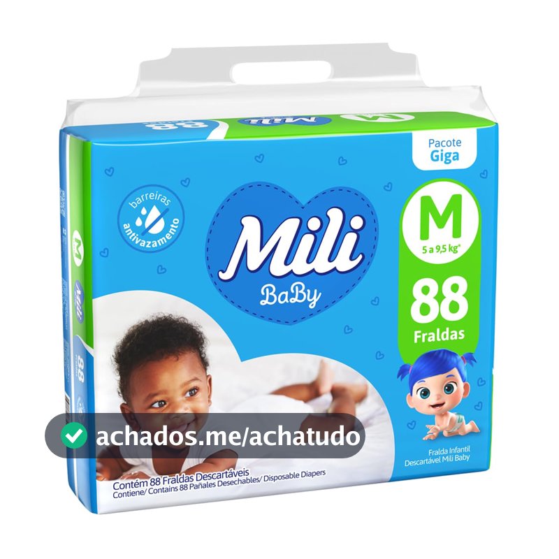 Mili Fralda Infantil Baby Tamanho M, Proteção Diária, Ajuste Confortável, Barreiras Antivazamento, 80 Unidades