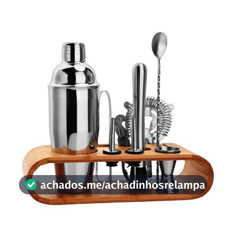Kit Coqueteleira Inox 12 Peças com Suporte de Madeira – Completo para Drinks, Caipirinha e Coquetéis Profissionais