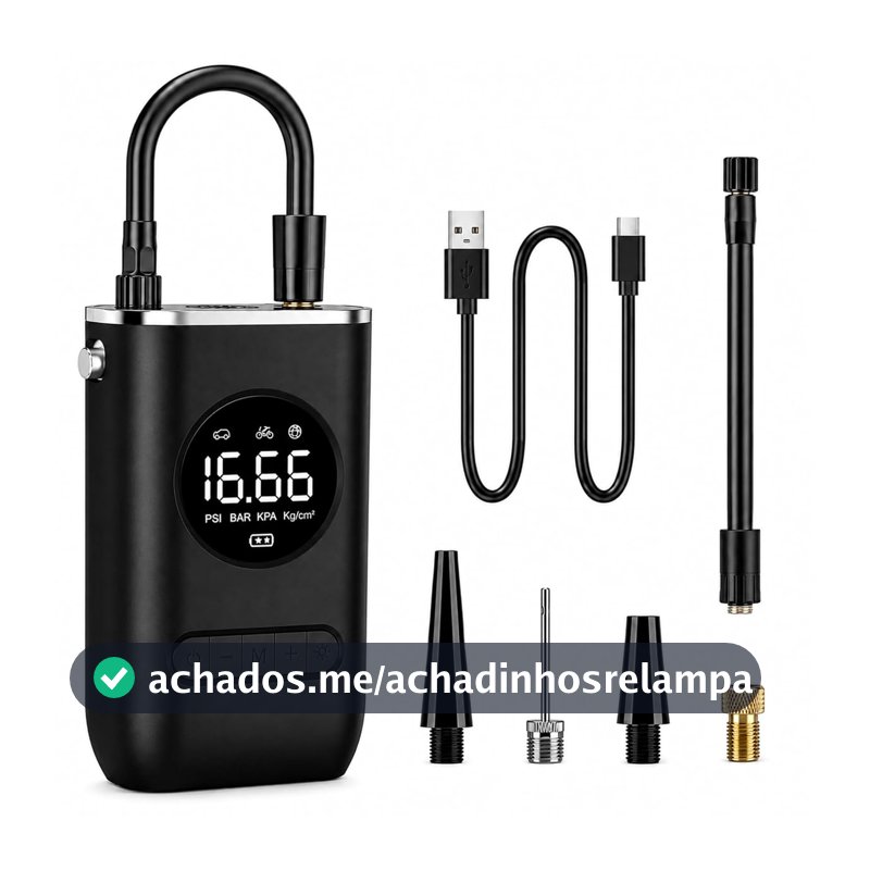 Calibrador Compressor de Ar Digital Portátil Mini para Encher Pneu com Lanterna LED Carro Moto Bike Bicicleta Bola e Piscina Inflável