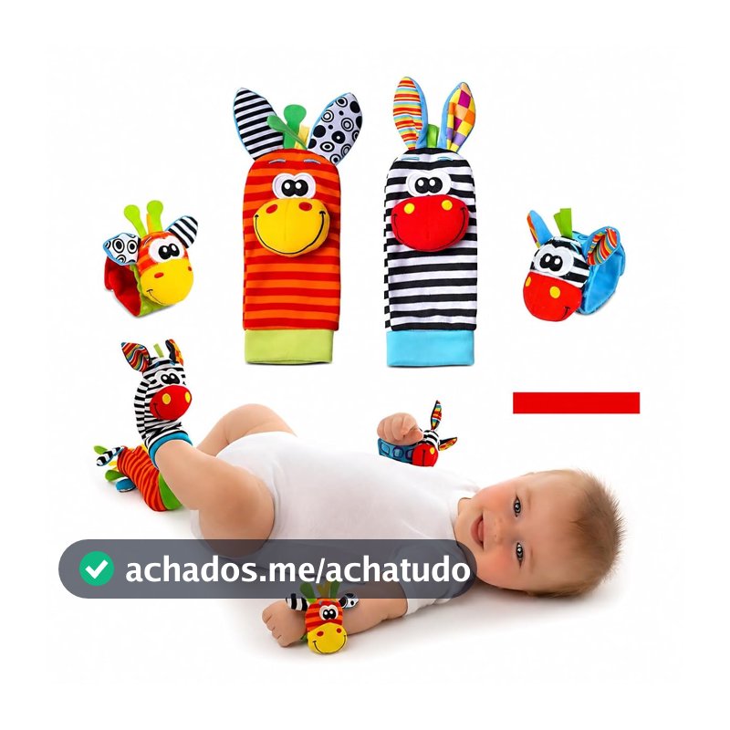 Kit Meias e Pulseiras com Chocalho para Bebê 4 Peças – 2 Meias e 2 Pulseiras Sensoriais, Brinquedo Educativo para Recém-Nascido, Estimula Coordenação Motora e Desenvolvimento, 0 a 12 Meses, Zebrinha