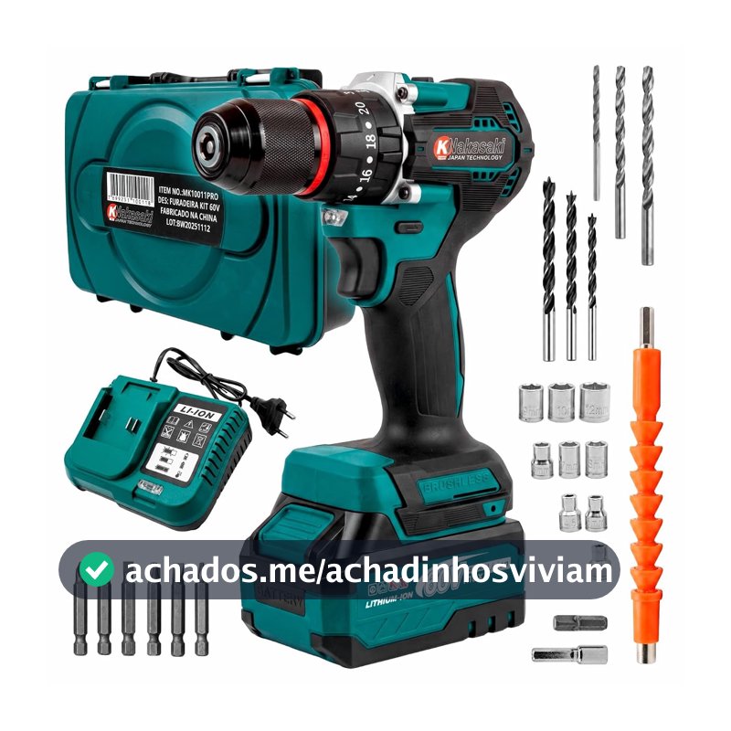 Furadeira Parafusadeira Impacto 60V Brushless Nakasaki Maleta Acessórios