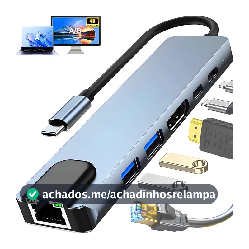 Oferta por tempo limitado: Hub USB-C 3.0 Extensor Adaptador Multifunções 6 em 1 - Estrutura Alumínio