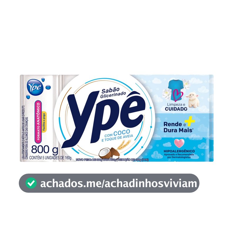 Ypê Sabão em Barra Glicerinado Coco e Toque de Aveia 800g - 5 Unidades de 160g