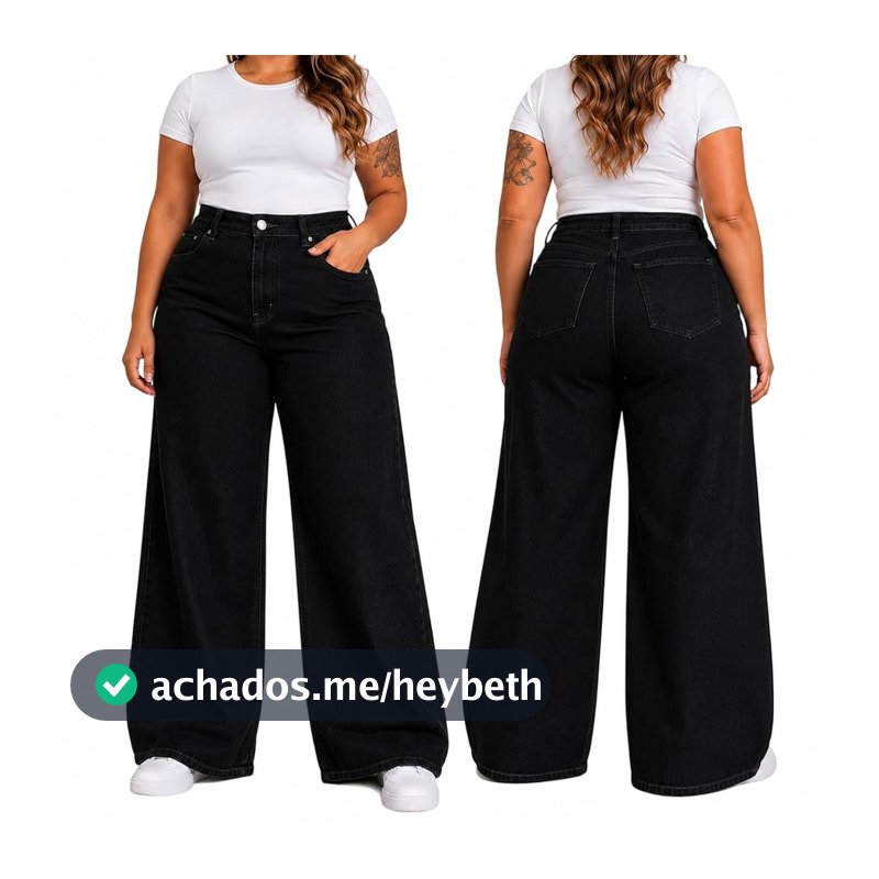 Calça Jeans Feminina Wide Leg Plus Size Cintura Alta