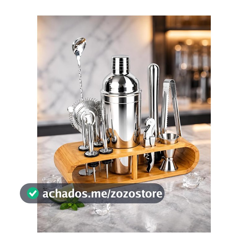 Kit Coqueteleira Inox 12 Peças com Suporte de Bambu, Coqueteleira 600ml, Dosadores, Coador, Colher Bailarina, Socador, Pegador de Gelo e Abridor para Drinks e Coquetéis