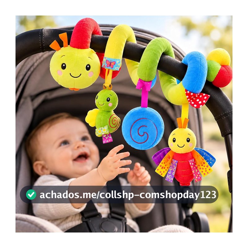 Móbile para Carrinho de Bebê Espiral com Chocalho, Cores Vibrantes e Texturas, Móbile Sensorial para Berço, Bebê Conforto e Moisés, Brinquedo para Bebês