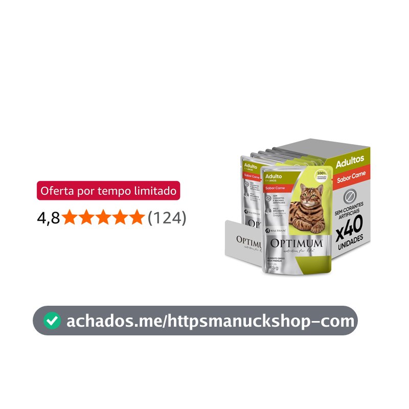 Pack Ração Úmida Optimum Sachê para Gatos Adultos Sabor Carne 85g - 40 unidadaes