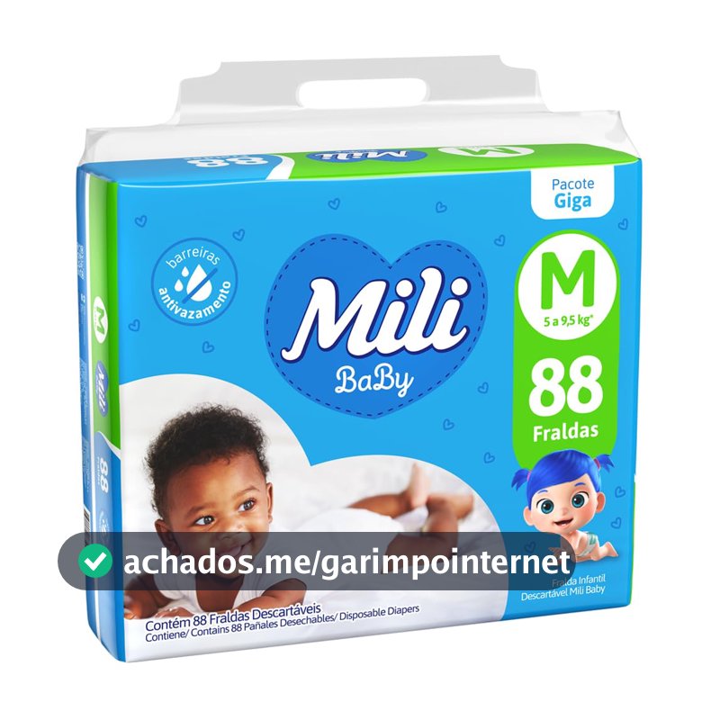 Mili Fralda Infantil Baby Tamanho M, Proteção Diária, Ajuste Confortável, Barreiras Antivazamento, 80 Unidades