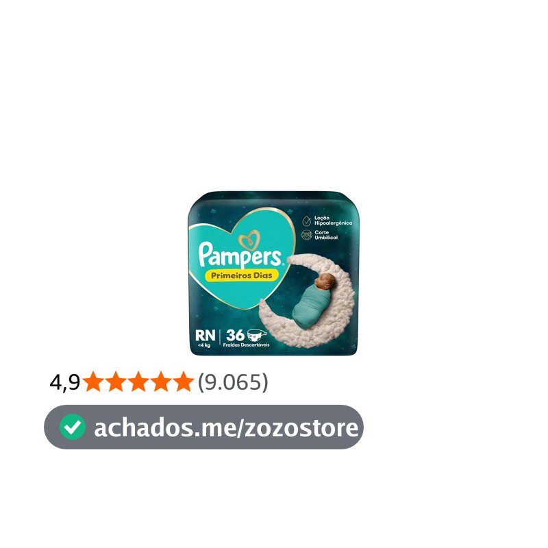 Fralda Pampers Primeiros Dias Tamanho RN (Até 4 kg), 36 Unidades