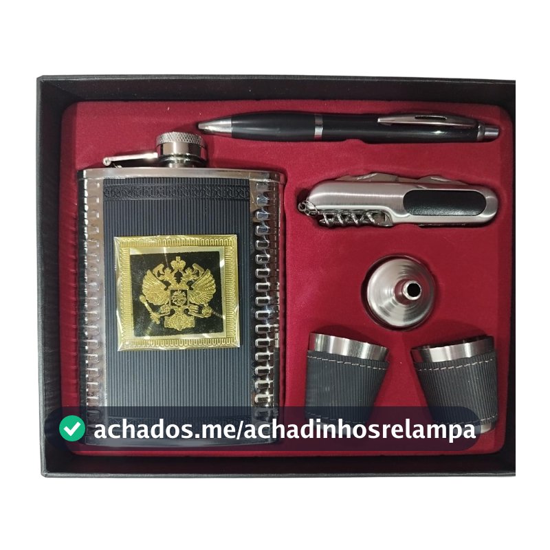 Kit Cantil de Bolso Inox Porta Bebida Whisky Vodca 8oz 236ml Com Dois Copos Mini Funil Caneta Canivete Saca Rolha
