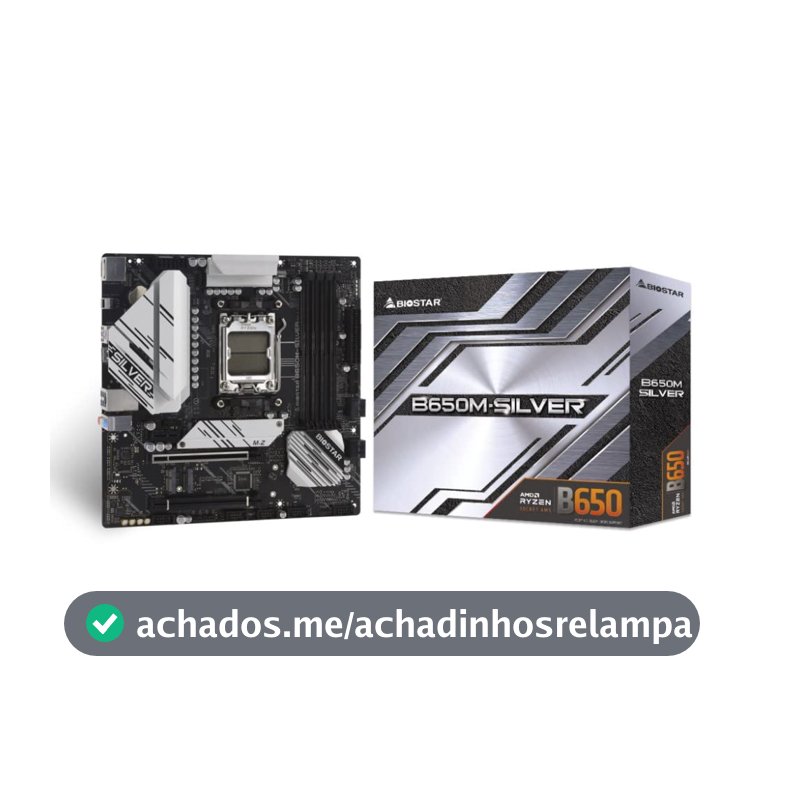 Biostar Placa-mãe B650M-SILVER Micro ATX, PCIe 4.0, 10+2+2 Phase Dr.MOS Power, 4 SATA 3, 2 PCIe 4.0 M.2, HDMI, 24 pinos