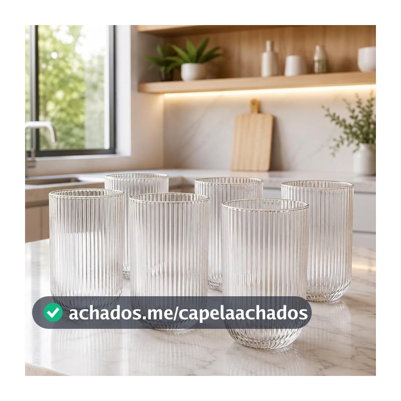 Kit 6 Copos de Vidro Canelado 420 ml com Borda Dourada para Água, Sucos e Drinks, Mesa Posta Elegante