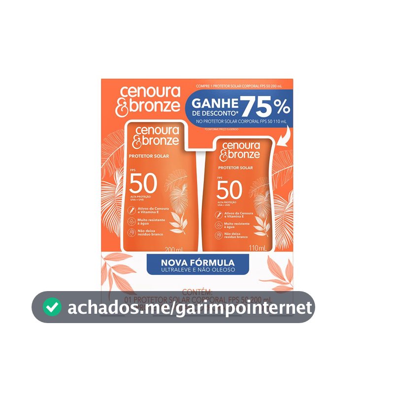 Protetor Solar Líquido Cenoura e Bronze, FPS 50, Kit com 2 Unidades