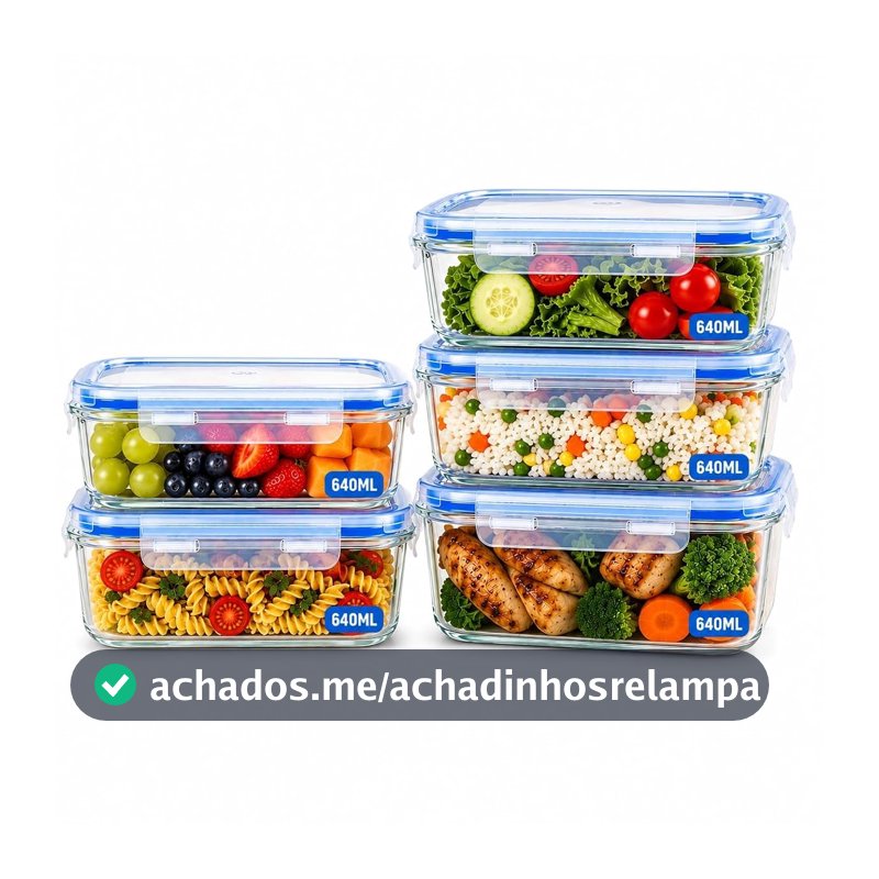 Kit 5 Potes de Vidro Borossilicato 640 ml Retangulares com Tampa Hermética 4 Travas, Marmitas Premium Empilháveis para Freezer Geladeira Micro-ondas sem Tampa Organização Cozinha Resistente