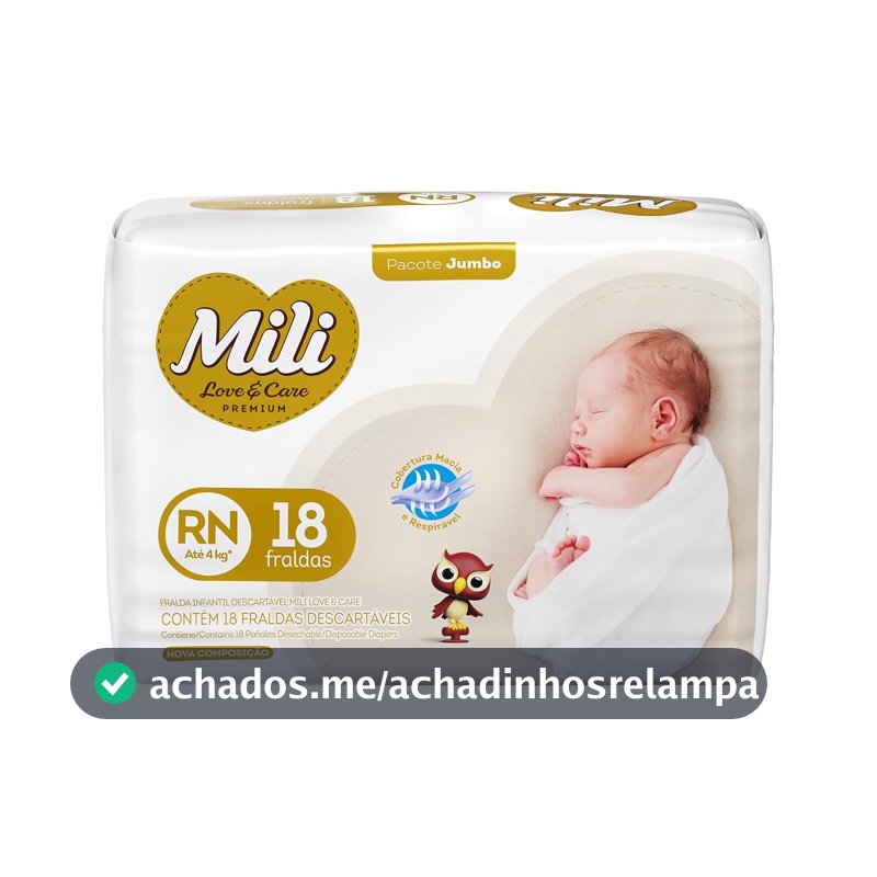 Mili Fralda Infantil Love & Care Recém Nascido RN, Alta Absorção, Ajuste Confortável, 18 Unidades