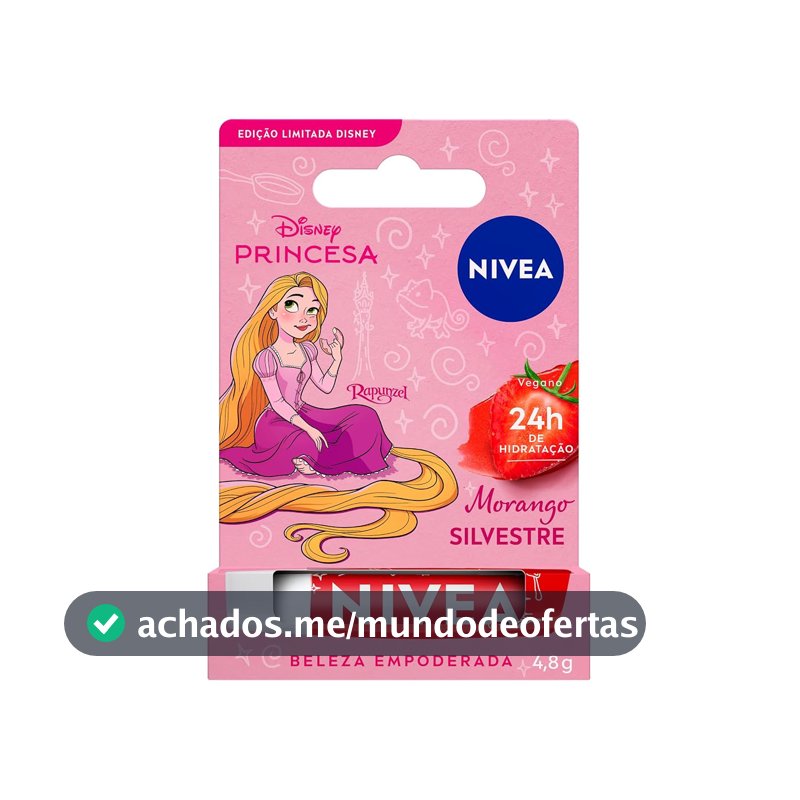 NIVEA Hidratante Labial Morango Silvestre Ed. Limitada Rapunzel Disney® Princesa 4,8g, Hidratação Intensa 24h, Cor Suave, Brilho Delicado, Manteiga de Karité