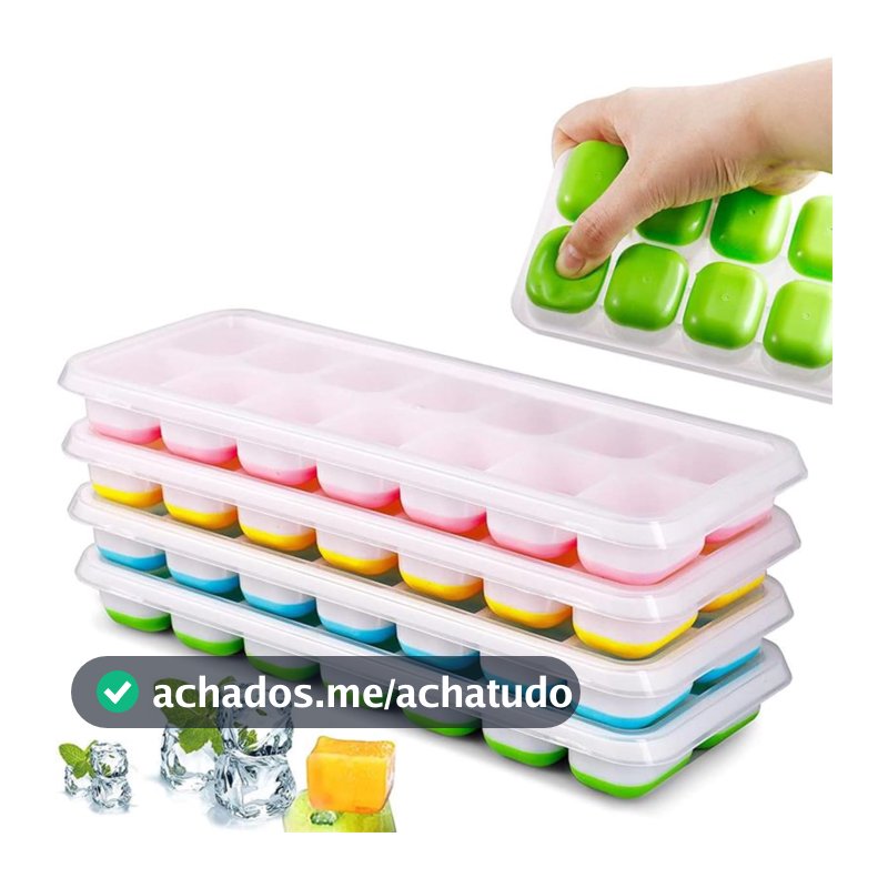 Kit 4 Unidades Forma Com Tampa Gelo Ice Flexivel Forminha Fundo Silicone 14 Cubos Alimentos Frutas Papinha