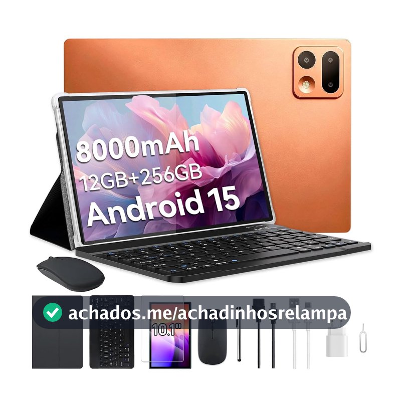 Xixaomiro Tablet Android 15 Pad 10.1", 256GB ROM + 12GB RAM, Câmera 13MP + 5MP, Bateria 8000mAh – Kit Completo com Caneta, Mouse, Teclado e Capa, Adequado para Estudo, Trabalho e Lazer (Laranja claro)
