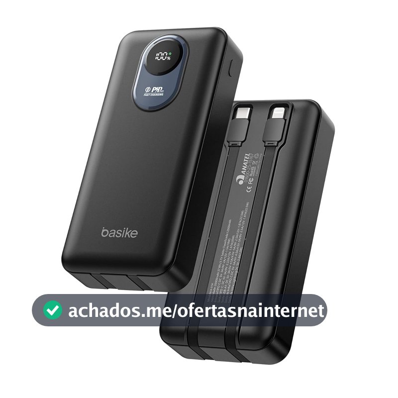 Basike Power Bank 20000mAh, Carregador Portátil, 2 Cabos Integrados (Preto)