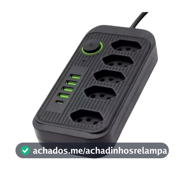 Filtro de Linha 5 Tomadas, Extensão, Régua de Energia Elétrica, Cabo 2 Metros, 4 USB A e 1 USB-C, BiVolt 110-220V, Potência de 2500W e Carregamento Inteligente Premium