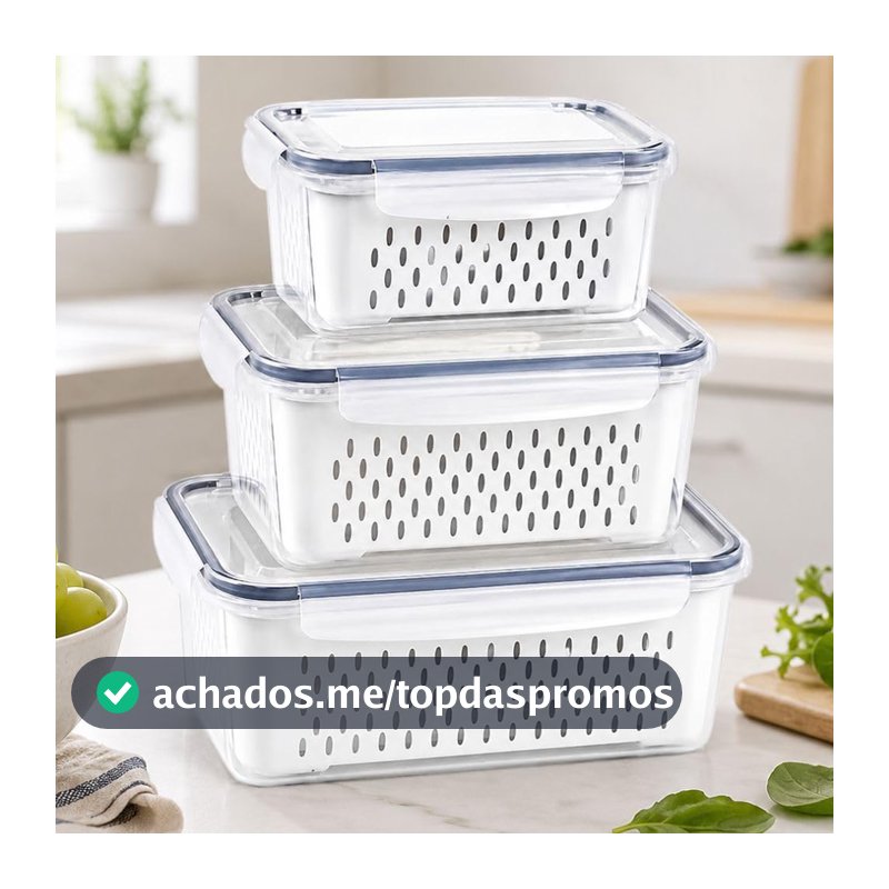 Kit 3 Potes Herméticos Organizador de Geladeira e Cozinha com Tampa