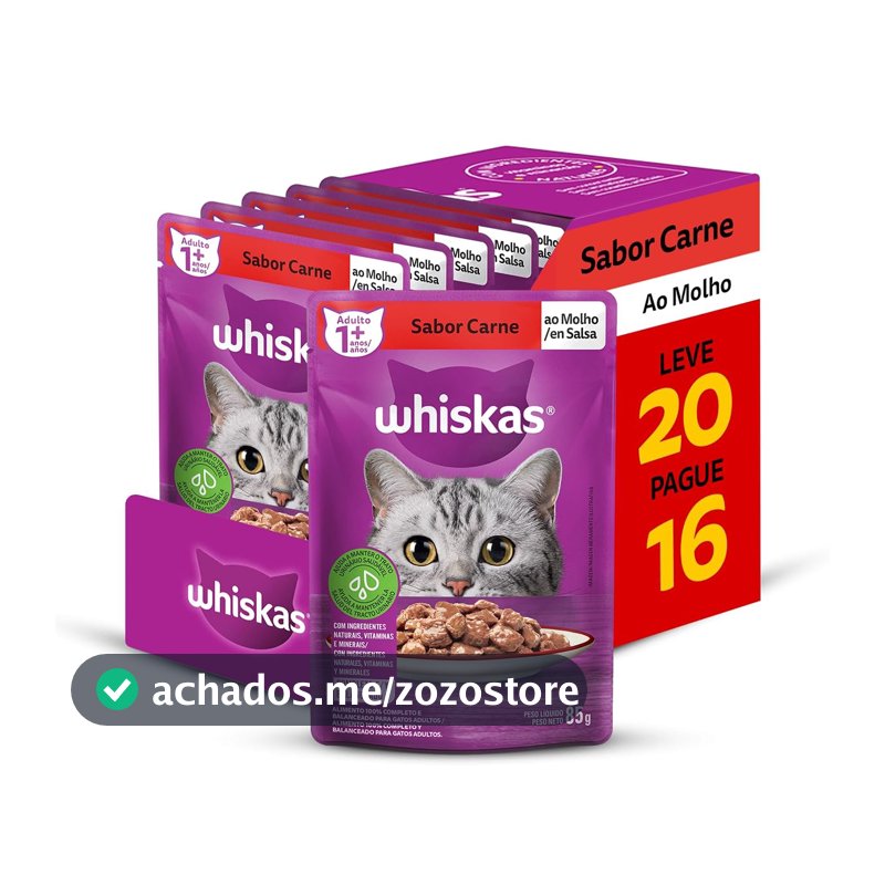 Pack Ração Úmida Whiskas Sachê Carne ao Molho para Gatos Adultos - Leve 20 Pague 16