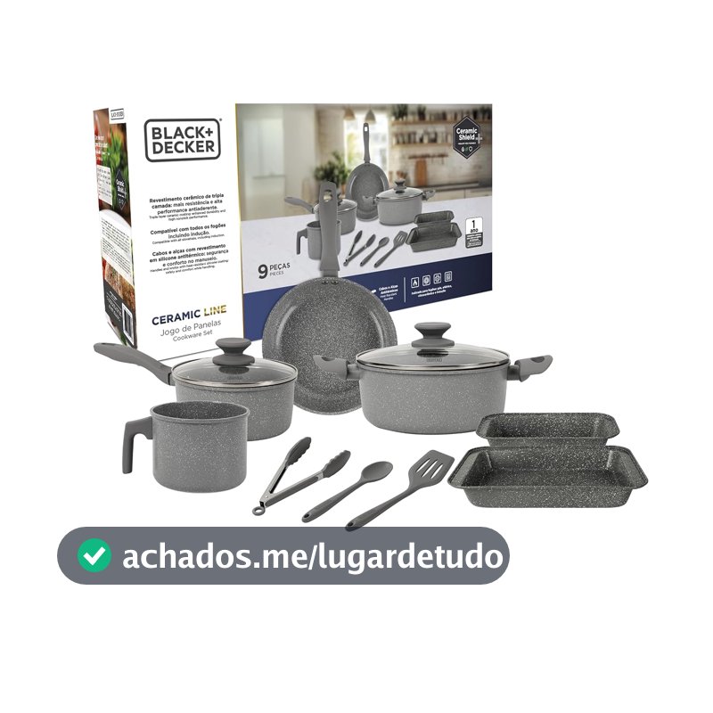 BLACK+DECKER JOGO DE PANELAS 9 PEÇAS CERAMIC LINE - CORPO COM REVESTIMENTO CERÂMICO ANTIADERENTE COM ACABAMENTO MARMORIZADO GREY MARBLE, BASE COMPATÍVEL COM INDUÇÃO