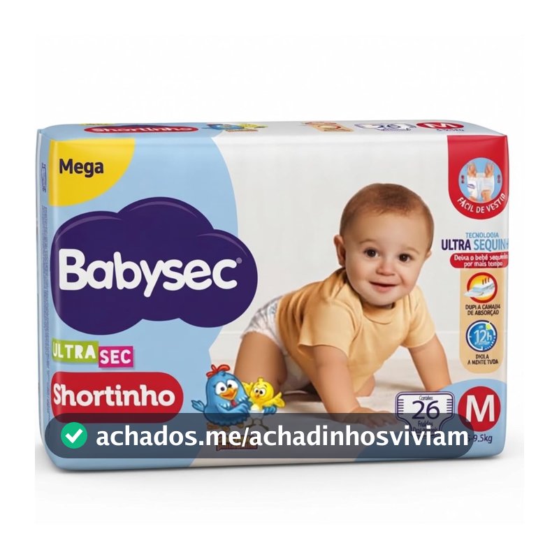 Fralda Descartável Infantil Bebê Shortinho Ultra Sec Tamanho M, 26 Unidades Babysec Alta Absorção, Confortável e com Liberdade de Movimento