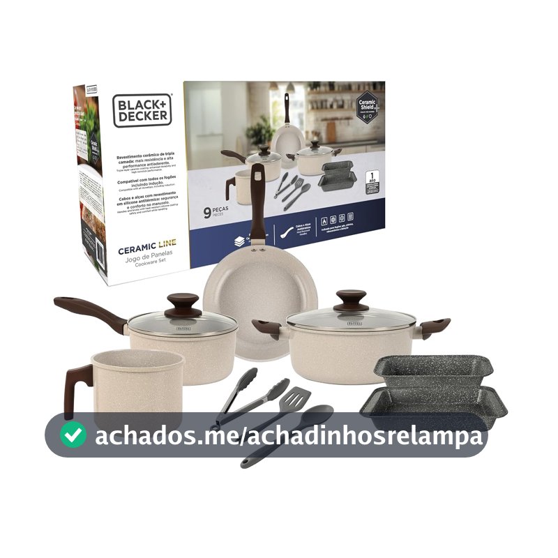 BLACK+DECKER JOGO DE PANELAS 9 PEÇAS CERAMIC LINE - CORPO COM REVESTIMENTO CERÂMICO ANTIADERENTE COM ACABAMENTO MARMORIZADO BLACK, BASE COMPATÍVEL COM INDUÇÃO